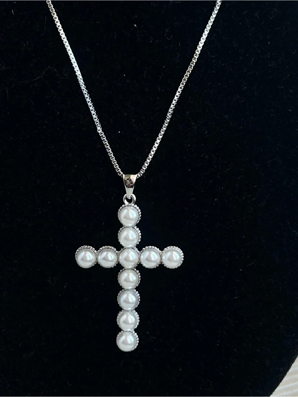 🩷-Silver Pearl Cross Pendant Necklace